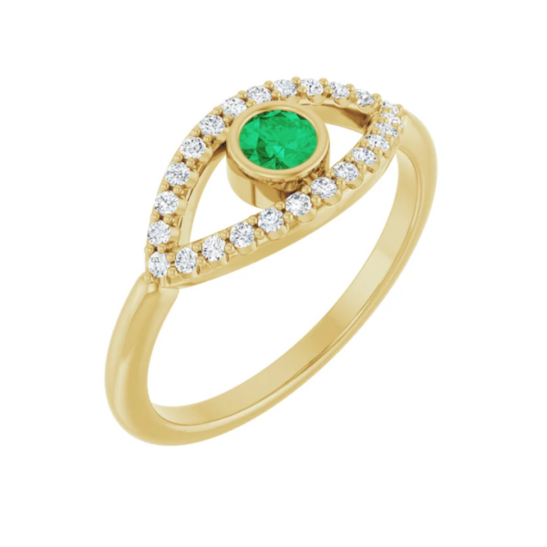 14K Emerald & White Sapphire Evil Eye Ring