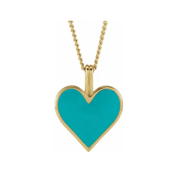 14K Yellow Light Turquoise Enamel Heart Necklace