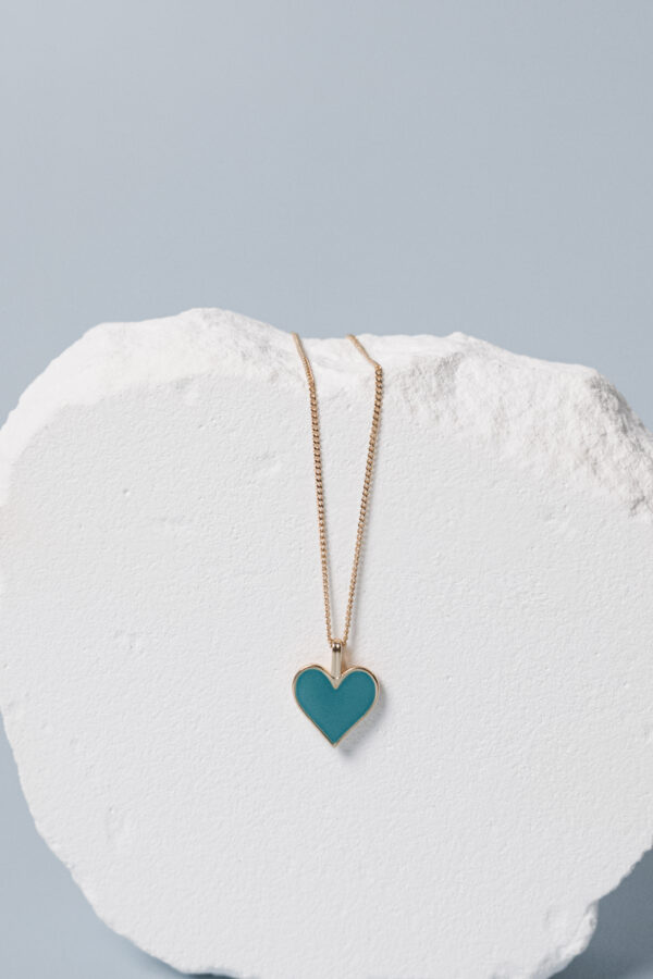 14K Yellow Light Turquoise Enamel Heart Necklace - Image 2