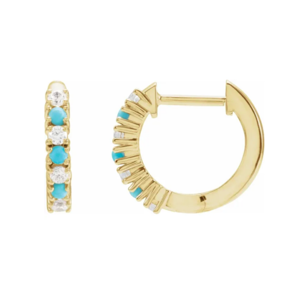 Fine jewelry, natural diamond and turquoise alternating huggie earrings