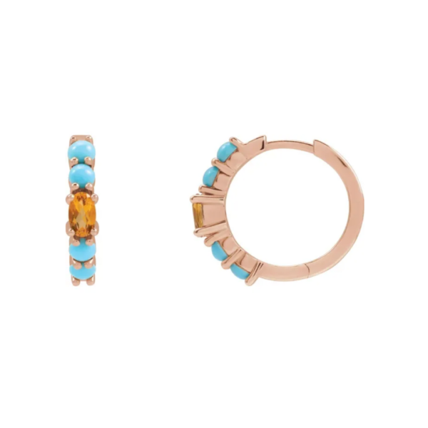 14K Natural Citrine & Natural Turquoise Huggie Hoop Earrings - Image 6