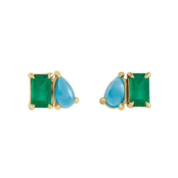 14K Lab-Grown Emerald & Natural Turquoise Two-Stone Stud Earrings - Image 3