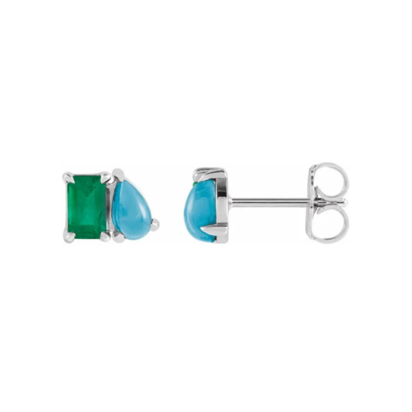 14K Lab-Grown Emerald & Natural Turquoise Two-Stone Stud Earrings - Image 4