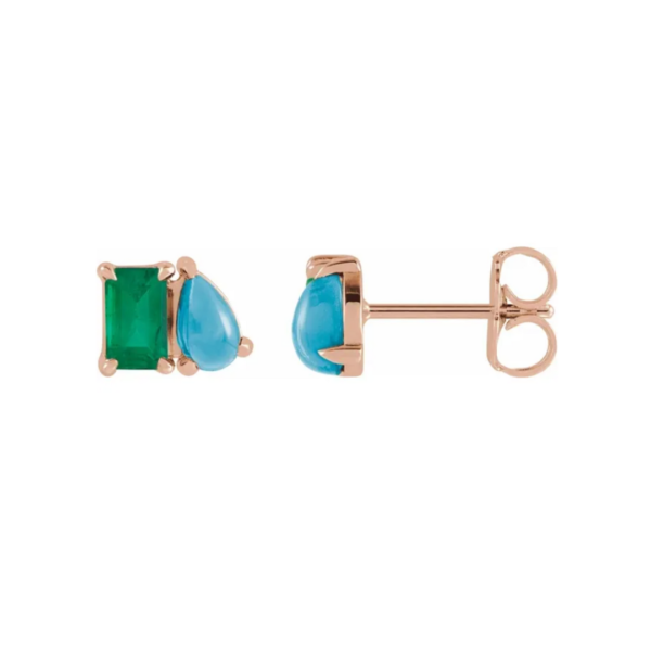 14K Lab-Grown Emerald & Natural Turquoise Two-Stone Stud Earrings - Image 5