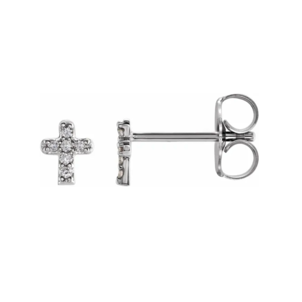 Solid white gold youth cross earrings with diamonds