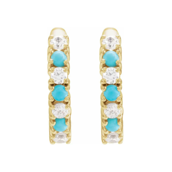 14K Natural Turquoise & 1/3 CTW Natural Diamond Hoop Earrings - Image 3