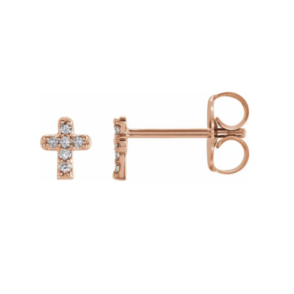 Solid rose gold youth cross earrings with diamonds