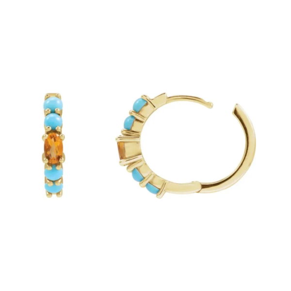 14K Natural Citrine & Natural Turquoise Huggie Hoop Earrings - Image 3