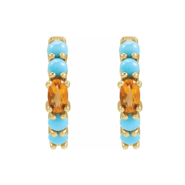 14K Natural Citrine & Natural Turquoise Huggie Hoop Earrings - Image 4