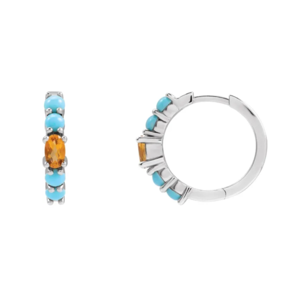 14K Natural Citrine & Natural Turquoise Huggie Hoop Earrings - Image 5